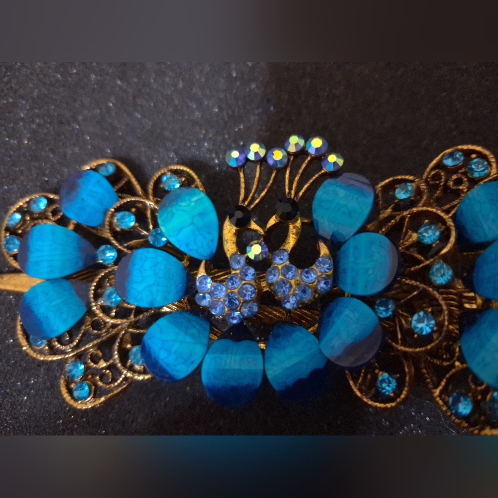 Gold-Tone Peacock Hair Clip with Bright Blue Crystals